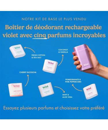 Wild - Refillable Natural Deodorant - Purple Case with Refill Variety Pack - Includes Cotton & Sea Salt Cherry Blossom Coconut & Vanilla Mint & Aloe Vera Pomegranate & Pink Peppercorn - Buy Online on GoSupps.com