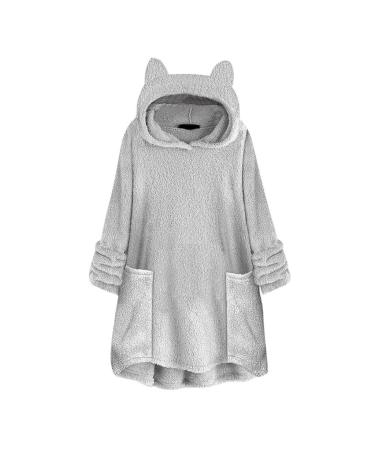 Bigfanshu Womans Tops Fleece Cat Ear Plus Size Long Sleeve Hoodie Pocket Top Sweater Blouse Gray