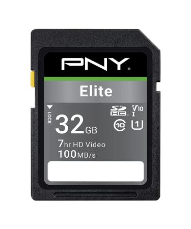PNY 32GB Elite Class 10 U1 V10 SDHC Flash Memory Card - 100MB/s, Class 10, U1, V10, Full HD, UHS-I, Full Size SD 32GB FLASH CARD
