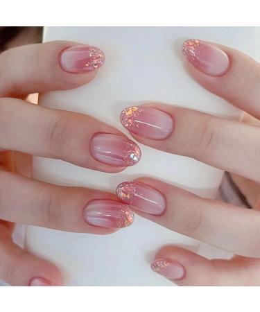 24 pieces of nails to stick out brief almond pink color gradient french press on nails full cover artificial nails with nail glue sticker oval acrylic fingernails for gluing for women & girls nail art oval rosa