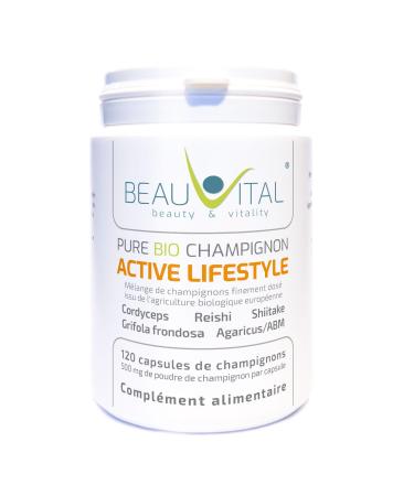 Pure Bio Active Lifestyle 120 Capsules, Each 500 mg Cordyceps, Reishi, Shiitake, Grifola, Agaricus from EU Organic Agriculture, Vegan