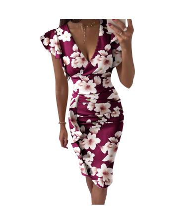 Briskyry V-neck flowers case of kneeling business dresses ladies summer elegant bustier festival dresses sexy ruffled hems moored sleeves tightness party dress vintage dress xl purple