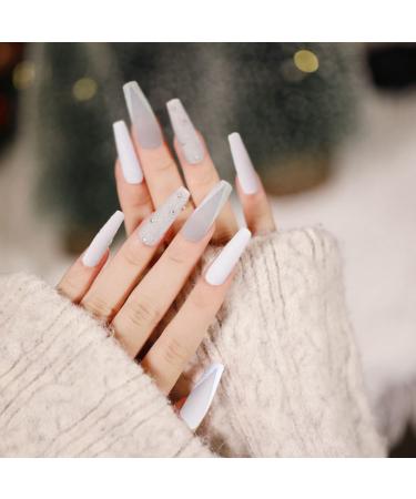 Bufenia French Coffin Ballerina Artificial Fingernails - 24 Translucent Matt Long Glitter Nails for Women & Girls - Easy Plug-in & Stick-On - Buy Online on GoSupps.com