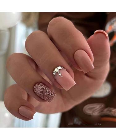 Justotry 24 pieces Diamond angular nails to stick on short brown French artificial nails trendy artificial nails press on nails square fingernails finger nails medium for women brown & square1 - Buy Online on GoSupps.com