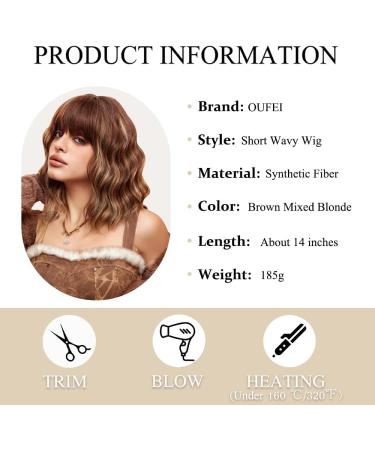OUFEI Brown Mixed Blonde Wigs for Women Short Wavy Wig With Bangs Natural Synthetic Hair Heat Resistant Wigs for Daily Party Cosplay Wear - Buy Online on GoSupps.com