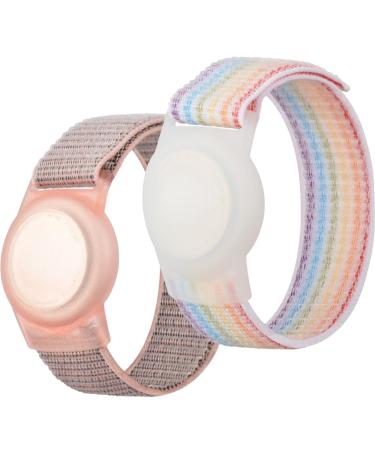 AIVYNA Airtag Bracelet for Kid, 2 Pack Adjustable Watch Band Compatible with Airtag, Nylon Lightweight Airtag Wristband for Children Kids (Silty Sand + Seven Colors)