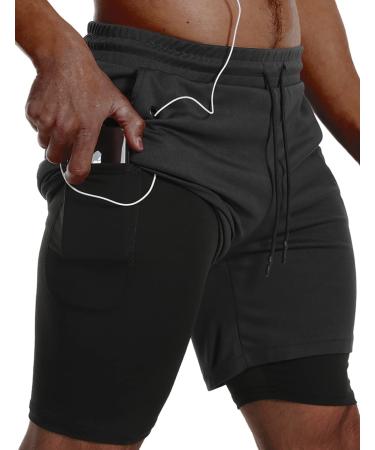 JWJ Mens 2 in 1 Running Shorts Quick Dry Gym Athletic Workout Clothes with Side Pockets Large Black