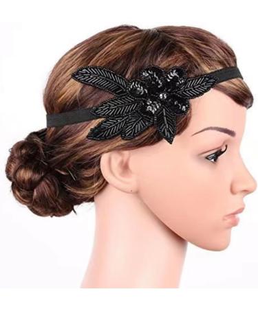 Retro Black 1920's Headband Gatsby Beaded Sequin Leaf Hair Band Boho Bridal Wedding Flapper Party - Buy Online on GoSupps.com