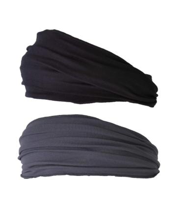 CHARM Mens Head Wraps Elastic Bandana - Japanese Headband Workout Women Hair Black & Dark Gray 2-Pack