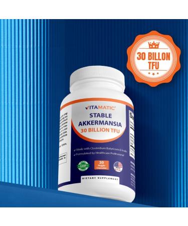 Vitamatic Akkermansia Muciniphila 30 Billion TFU + Clostridium Butyricum + Prebiotic Inulin - GLP-1 Probiotic - 30 Vegan Capsules - 30 Servings 30 Count (Pack of 1) - Buy Online on GoSupps.com