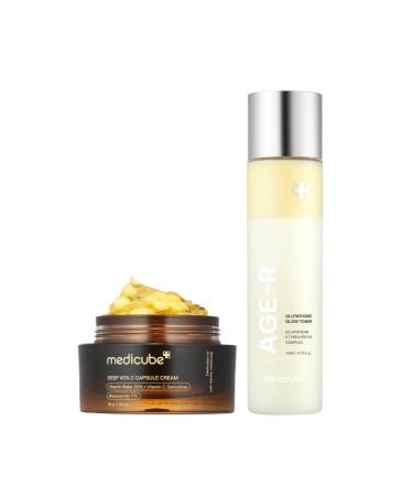 medicube All Over Glow Skin Duo: Deep Vitamin C Golden Capsule Face Moisturizer and Age-R Glutathione Glow Milky Toner