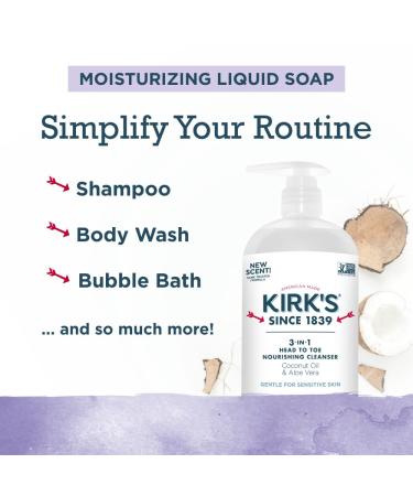 Kirk's 3-in-1 Head to Toe Nourishing Liquid Cleanser- for Men Women & Children - Premium Coconut Oil & Aloe Vera- Non GMO & Vegan - Lavender and Vanilla - 32 Fl Oz. - Buy Online on GoSupps.com