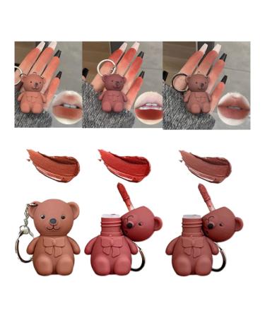 3Pcs Keychain Bear Lipsticks  2 in 1 Key Chain Bear Lipstick Mist Matte Velvet Lipgloss Moisturizing Lip Stain Waterproof Long Lasting Bear Lip Gloss with Keychain Cute Bear Beauty Makeup (01+02+06)