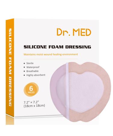 Dr.med Sacrum Silicone Foam Dressing with Adhesive Border 7.2x7.2-6 Pcs/Box  Absorbent Breathable Bed Sore Waterproof Sacral Bandage Pad for Pressure Ulcer Wound Dressing 7.2 x 7.2 Sacral Pad (6 Pcs/Box)