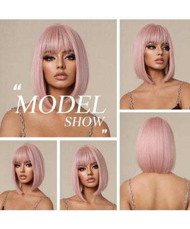 OUFEI Pink Bob Wig With Bangs Short Straight Wig For Women Synthetic Hair Wigs for Daily Party Cosplay Wear Pink(1059-1) - Buy Online on GoSupps.com