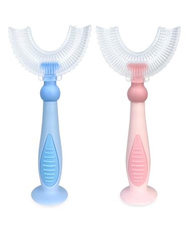 2 Pack Kids U-Shaped Toothbrush Manual Training Tooth Brush Food Grade Soft Silicone Brush Head 360 Oral Cleaning U-Type Toothbrush Whole Mouth for Toddlers and Children-Blue+Pink (Age 2-6) Small