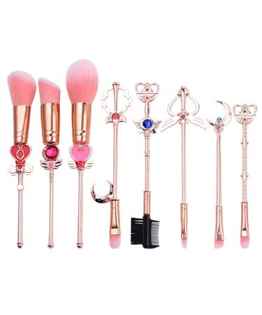 SailorMoon Makeup Brush 8pcs Set With Pouch  Magical Girl Gold/Rose Gold Cardcaptor Sakura Cosmetic Brushes With Cute Pink Bag (155g Rose Gold)