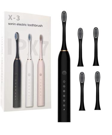 MQX-3 Sonic Electric Toothbrush with 4 Replacement Brush Heads 6 Modes Soft Clean for Adults & Kids USB Rechargeable Powerful One Charging for 60 Days 42000 VPM Motor Black