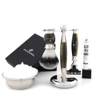 Jag Shaving Jag's Lee Razen Set 5-part razor set razor with 3 blades synthetic silver tips elegant shaving stand green horn imitation