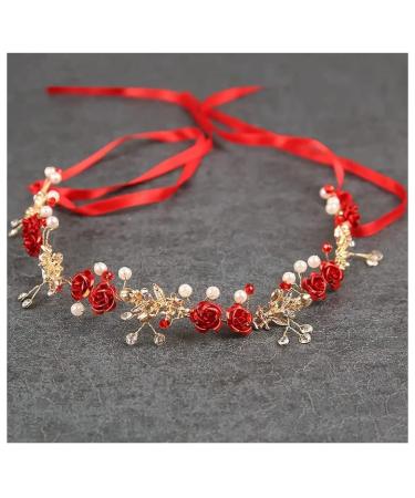 Drokit Red crystal Hair Accessories Red Flower Tiara Princess Flower Headpiece Elegant Wedding Bride Floral Red Headband Bridal Forehead Headpieces for Wedding  Gold White Red