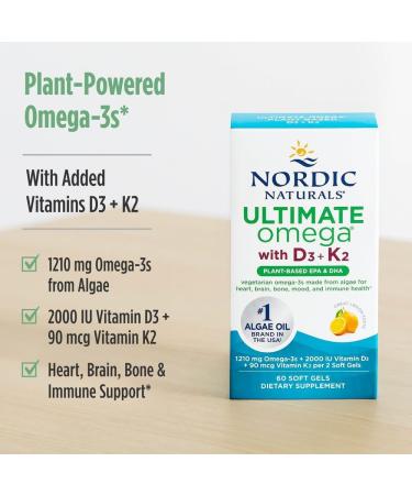 Nordic Naturals Ultimate Omega Plant Based Vitamin with Vitamin D3+K2-60 Vegetarian Soft Gels - 1210 mg Omega-3s Plus 2000 IU D3 and 90 mcg K2 - Promotes Brain Health - Non GMO - 30 Servings - Buy Online on GoSupps.com