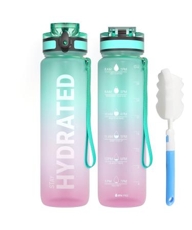 Sahara Sailor Water Bottles, 32oz Motivational Sports Water Bottle with Time Marker - Times to Drink - Tritan, BPA Free, Wide Mouth Leakproof, Fast Flow Technology with Clean Brush (1 Pack) A-Bubble Gum 32 OZ/1000ML