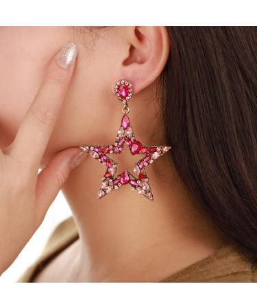 Kercisbeauty Statement Colorful Rhinestones Beads Star Pendant Dangle Earrings for Women Girls Bohemian Fashion Jewelry Pink
