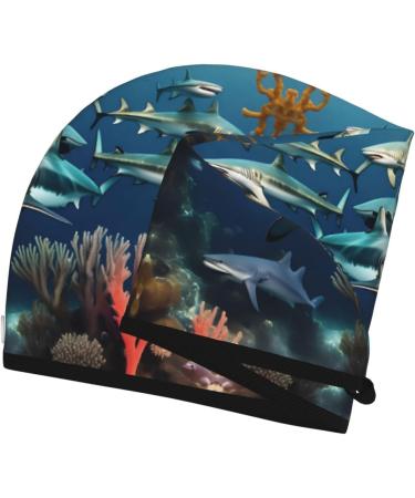 Super Absorbent Sharks Under The Sea Hair Cap for Girls - Quick Dry Elastic Wrap for Long Thick Hair - Buy Online on GoSupps.com