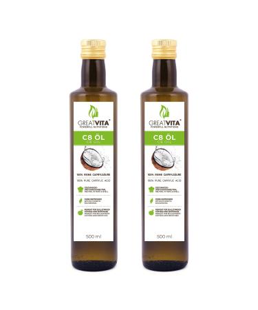 GreatVita C8 oil based on coconut oil 2x 500 ml | 100% caprylic acid fatty acids | MCT oil tasteless - premium quality