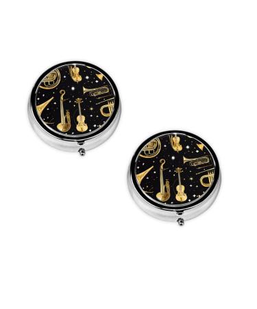 (Musical Instruments) Round Pill Box 3 Compartment Pill Box Mini Decorative Pocket Purse Portable Travel Medicine Tablet Vitamin Holder Organizer Pill Case