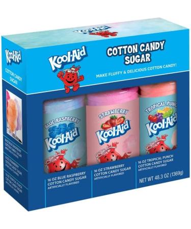 Nostalgia Kool-Aid Flossing Party Kit (3-Pack) | Blue Raspberry, Strawberry, Tropical Punch | 3 16oz Bottles of Cotton Candy Sugar Mix | 96 Small to Medium Cone Servings Kool-Aid Flossing Sugar