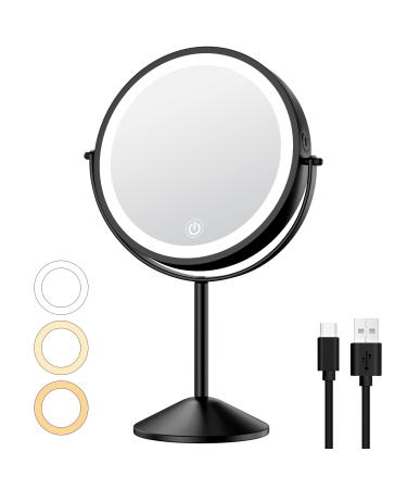 Anfauny 8  Lighted Makeup Mirror - Rechargeable Double Sided 1X/10X LED Magnifying Vanity Mirror with 3 Color Lights & Stepless Dimming - 360  Swivel Touch Screen Cordless Light up Cosmetic Mirror Black
