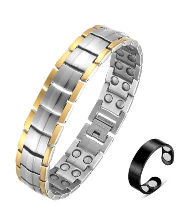 Vicmag Men Magnetic Bracelets Titanium Steel Magnet Bracelet Ultra Strength Double Row 3500 Gauss Wristband Brazaletes with Adjustment Tool & Jewelry Gift Box (Silver Gold)