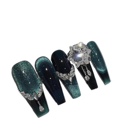KEMKEY Handmade Wear Nails Dark Dark Green Vintage Sense Of Nail Long(Large) 1 count (Pack of 1)
