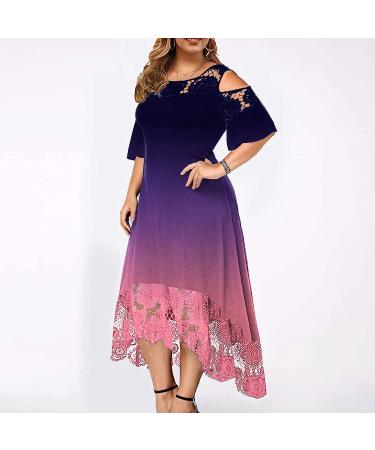 Plus Size Summer Dress for Women - Gradient Print, Lace Detail, Short Sleeve, Loose Fit - 3X-Large Purple - Buy Online on GoSupps.com