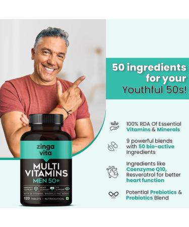KPVita Multivitamin for Men 50 Plus Age - 120 Tablets | With 50 Vitamins Minerals Herbal Extracts L-Arginine Ginseng & Super Antioxidants Blend for Enhanced Energy Heart Immunity Joints & Eye Support | 1 Veg Tablet Daily - Buy Online on GoSupps.com