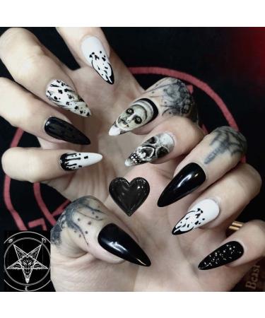 Bufenia 24 pieces skull stiletto artificial nails black false Halloween-almond nails long party acrylic art press on nails tips for women and girls dead head