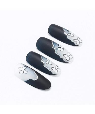 Brishow Black Long Almond Press On Nails - 24 Piece Set with Butterfly Design for Women & Girls | International Shipping Available - Buy Online on GoSupps.com