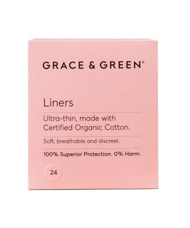 Grace & Green - Cotton Panty Liners - Ultra Thin - 100% Organic Biodegradable Cotton - Individually Wrapped - Free from Plastic - 24x Liners Without Wings 24 Count (Pack of 1)