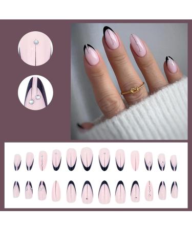 Justotry 24 Pcs Short Oval False Nails with Jewels | Black French Press On Nails | Striped Fake Nails with Nail Glue | Almond Medium Stick On Nails for Women | Nail Art Accessories - Buy Online on GoSupps.com