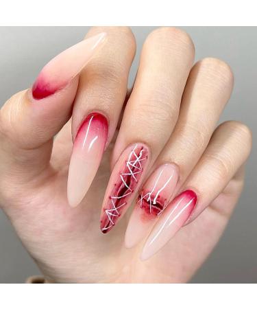 DeryArcle 24 Nails Press On Nails Halloween Long False Nail Almond Shape Fake Nails Bling Glossy Stick On Nails Pink 3D Artificial Nails Glitter for Women and Girls