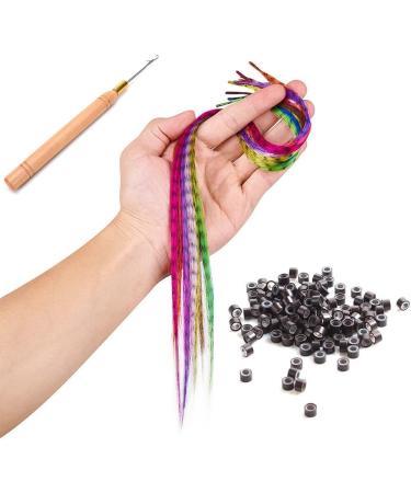 Synthetic Feather Hair Extensions Kit 16 Inch 20 Pcs Mixed Colors Straight Hair Extensions - Bonus 50 Pcs Silicone Lined Micro Rings & Crochet Hook - Buy Online on GoSupps.com