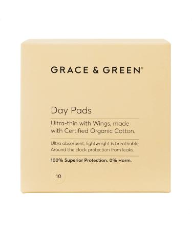 Grace & Green - Cotton Day Sanitary Pads - with Wings - 100% Organic Biodegradable Cotton - Individually Wrapped - Free from Plastic - 10x Pads 10 Pads Day