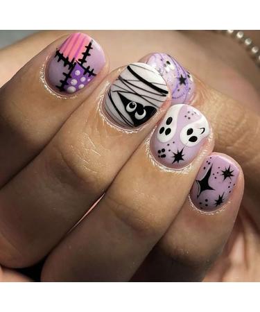 144 Pcs Halloween Press On Nails Kit - Short Square Full Cover Designs with Ghosts Skulls Bats & Pumpkins - Glossy Artificial Nail Set for Men & Women - Buy Online on GoSupps.com