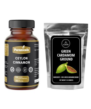 Puranicals Cinnamon Capsules and Ground Cardamom (3.5oz) Herbal Supplement & Spice Pack | Easy Daily Use | Non-GMO Ingredients No Artificial Colors | 320 Capsules | Value Combo Pack