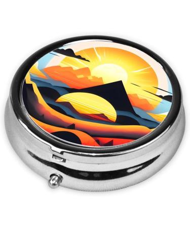 Sunrise Mountain Round Pill Box - Portable 3-Compartment Organizer for Travel & Purse - Buy Online on GoSupps.com