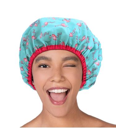 Reusable Shower Cap & Bath Cap & Lined, Oversized Waterproof Shower Caps Large Designed for all Hair Lengths with PEVA Lining & Elastic Band Stretch Hem Hair Hat - Fashionista Flamingo Party