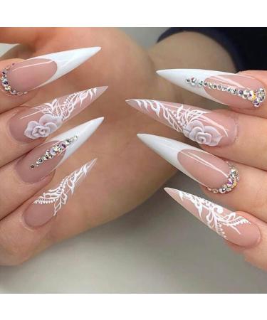 Acenail Stiletto Press on Nails Long Fake Nails Rhinestone False Nails with Designs Flower Acrylic Nails French Tips Press on Nail Glitter 3D Full Cover Artificial False Nail Glossy Nude Extra Long