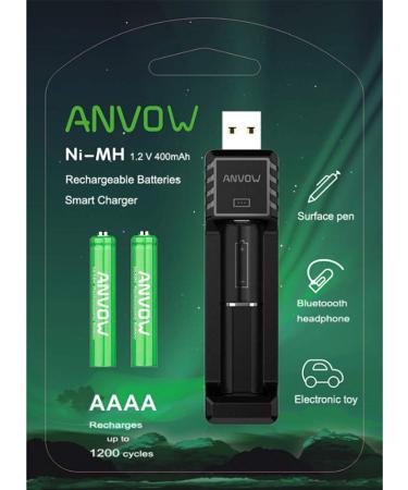 ANVOW Smart AAAA Battery Charger with 2 Counts Rechargeable AAAA Batteries - Ni-MH 1.2V 400mAh 1200 Cycles Surface Pen Active Stylus Rechargables Battery