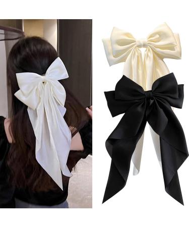 2PCS Silky Satin Big Hair Bows for Women Hair Ribbon Hair Clip French Hair Barrettes Long Tail Hair Bow Big Bowknot Hairpin Aesthetic Hairclips Simple Hair 90's Accessories (Black White) Black and White